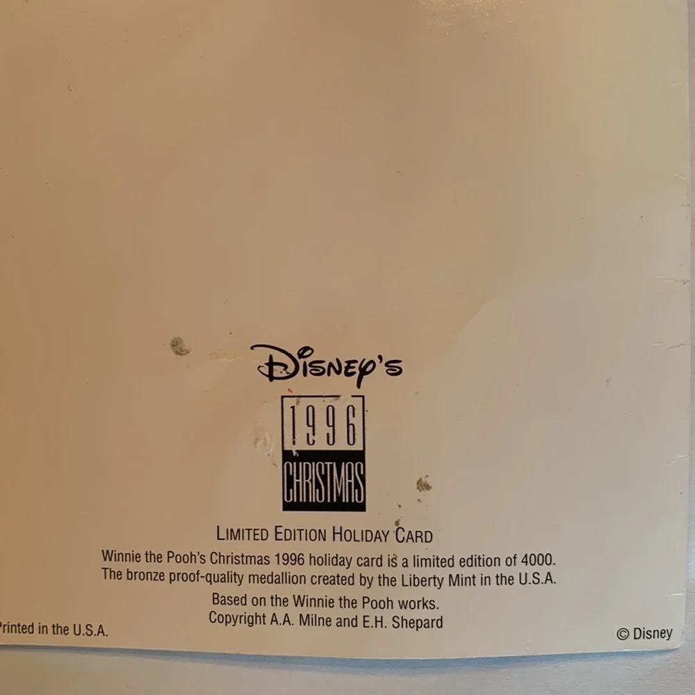 Vintage Disney 96 limited edition Winnie the Pooh holiday card bronze medallion